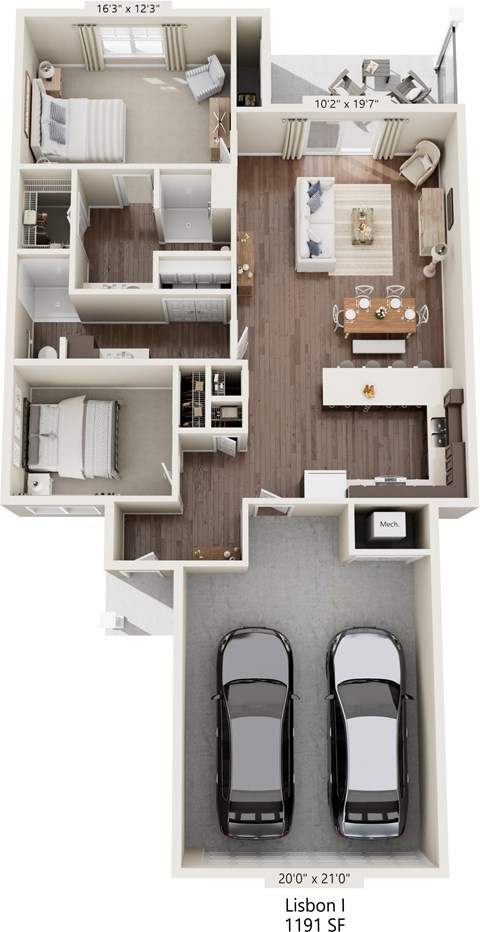 Floor plan for 2 beds, 2 baths, 1191 sqft